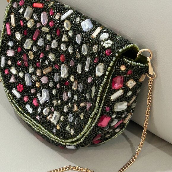 Beaded Jeweled Large Srones Dark Green Crossbody Bag From India to You NWT - Picture 3 of 6